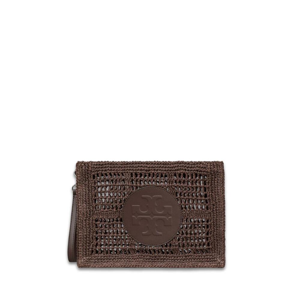 NEW TORY BURCH ella hand-crocheted pouch in dark cocoa
